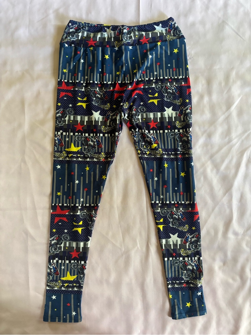 LuLaRoe Americana Navy Leggings with Motorcycle and Stars Pattern TC